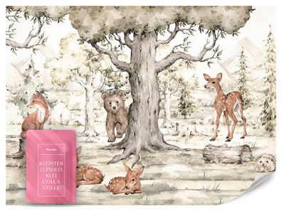 Fototapete für Kinder Aquarell Waldtiere Bär Fuchs Rehkitze Igel Wald Bäume