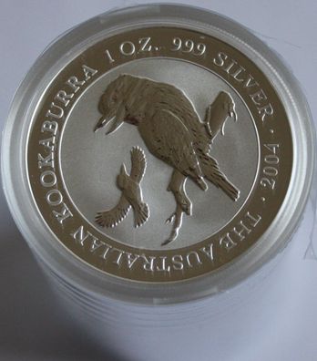 4 x 2004 Australien Kookaburra, je 1 oz STGL Silber mit 41 mm Kapsel, 1/5 Münzrolle