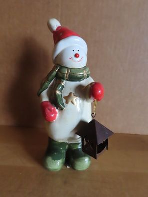 Figur Schneemann mit Laterne Budelmütze Schal 16,5 cm H Keramik