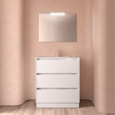 Noja Komplett-Set 800 3 Schubladen WHITE SATIN + Waschtisch + Spiegel + Leuchte