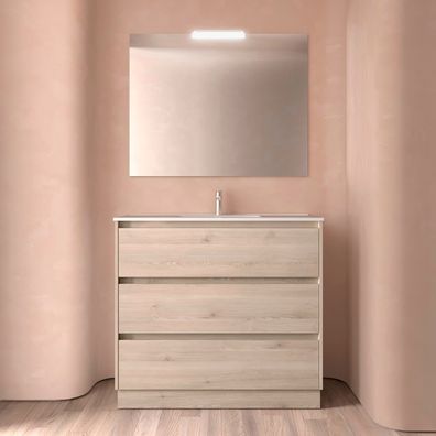 Noja Komplett-Set 1000 3 Schubladen Natural + Waschtisch + Spiegel + Leuchte