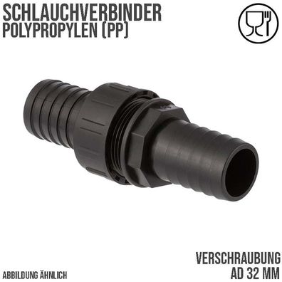 32 mm Schlauch Verschraubung 2-fach Stutzen Tülle Pool Teich Garten PP schwarz - PN 6