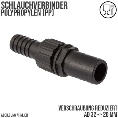 32 x 20 mm Schlauch Verschraubung reduziert 2-fach Stutzen Tülle Pool Teich Garten PP