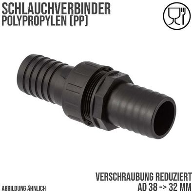 38 x 32 mm Schlauch Verschraubung reduziert 2-fach Stutzen Tülle Pool Teich Garten PP