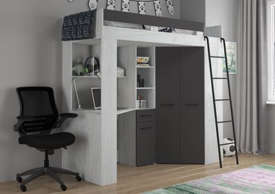 Etagenbett FLO-P mit Leiter Rechts, Eckkleiderschrank und Schreibtisch
