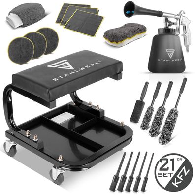 Stahlwerk Kfz-Detailing-Reinigungsset – Rollhocker Tornado-Reinigungspistole Bürsten