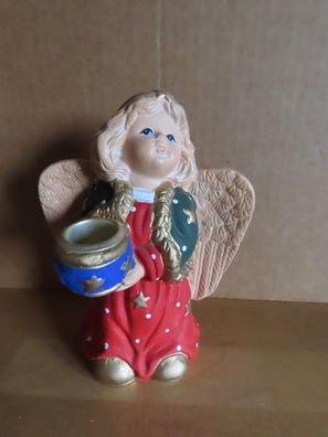 Figur Engel rotes Kleid grüne Jacke mit Schale für kleine Kerze Keramik ca.14,5 cm H