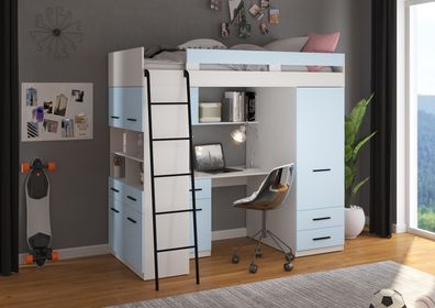 Etagenbett LEV-L mit Leiter links, Kleiderschrank, Schreibtisch und viele Regale