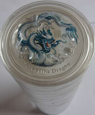 5 x 2012 Lunar II DRAGON-Drache, je 1 oz coloriertes BU Silber, ´WHITE´,1/4 Münzrolle