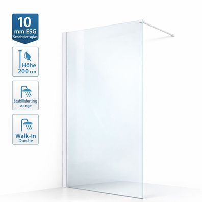 Walk In Duschwand 130x200 cm Klarglas ESG 10mm Duschabtrennung Glaswand Dusche Weiß