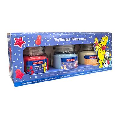 Haribo Duftkerze 3er Set Winterland - Winter Cherry, Fluffy Clouds, Vanilla Waffle Cr