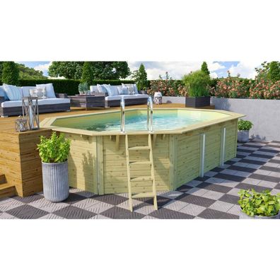 Trend Holzpool SET Achteck Langform | Sand | Metallecken | 610 x 400 x 124 cm |