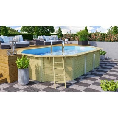 Trend Holzpool SET Achteck Langform | Blau | Metallecken | 610 x 400 x 124 cm |