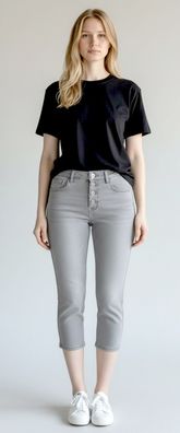 Jewelly Damen Jeans Capri Hose Knöpfe Seitenstreifen mit Nieten Hellgrau Gr. S