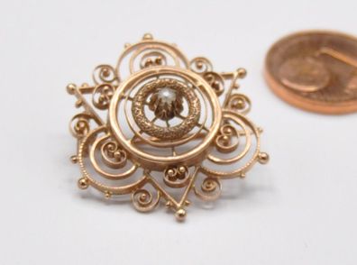 Rotgold Brosche Nadel filigran Flussperle Perle 585 Gold Antik Handarbeit