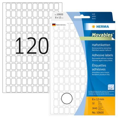 Ablösbare Vielzwecketiketten 8 x 12 mm, weiß, zur Handbeschriftung