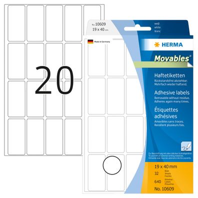 Ablösbare Vielzwecketiketten 19 x 40 mm, weiß, zur Handbeschriftung