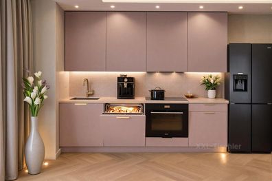 Küchenzeile Linea DW 240 cm Puderrosa Matt-Soft Close- Premium Box- Einbauküche 2,4 m