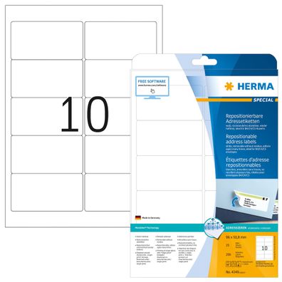 HERMA Adressetikett 96 x 50,8 mm (B x H) Papier weiß 250 Etik./Pack