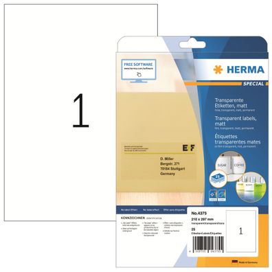 HERMA Folienetikett 210 x 297 mm (B x H) transparent 25 Etik./Pack