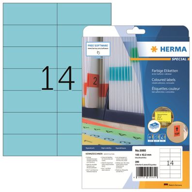 Etikett 105x42,3mm blau A4 280Et 20Bl 14Et Bl LaserInkCopy ablösbar