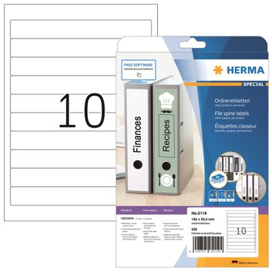 Herma Ordnerrückenschilder permanent 192 x 25,4 mm weis 25 Bl 250 Etik