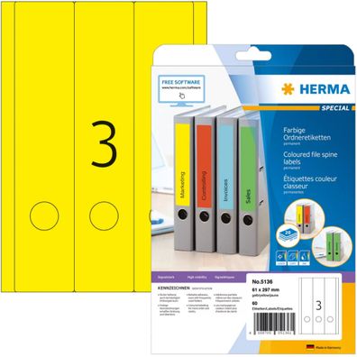 Herma Ordnerrückenschilder permanent 297 x 61 mm gelb 20 Bl 60 Etik