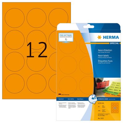 Neonetiketten A4, Ø 60 mm, rund, leuchtorange, permanent haftend