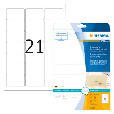 Herma Etiketten Adressen permanent 63,5 x 38,1 mm Folie 25 Bl 525 Etik