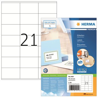 Herma Etiketten permanent 70 x 42 mm weiss Premium 100 Bl 2100 Etik