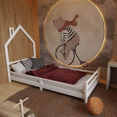 HAGO® Kinderbett Hausform 90x200 Spielbett Rausfallschutz Kiefer Weiß Lattenrost