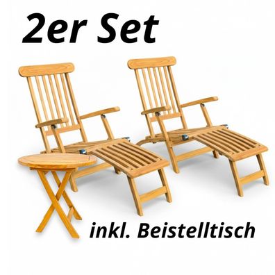 Deckchair Teak Gartenliege Serie Mainz 2er Set mit Beistelltisch Serie Düsseldorf