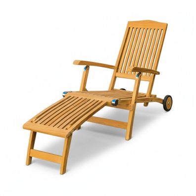 Teak Deckchair Koblenz Gartenliege aus massivem SVLK Teakholz mit Rädern ergonomisch