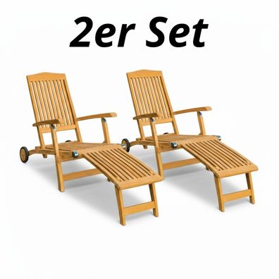 2er Set Teak Deckchair Koblenz Gartenliegen aus massivem SVLK Teakholz mit Rädern