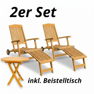 Teak Deckchair Koblenz 2er Set Gartenliegen aus Teakholz inkl. Beistelltisch