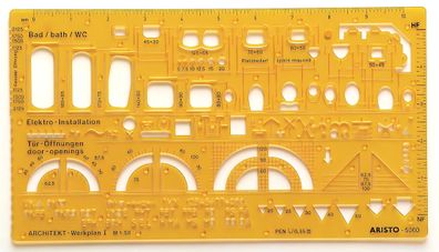Aristo Architektur-Kombi-Schablone 1:50, 225 x 125 mm, Tuschenoppen