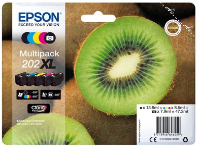 Epson Original 202XL Kiwi Druckerpatrone 5er Multipack schwarz, foto schwarz, cyan, m