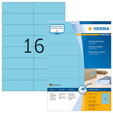 Farbige Etiketten A4, 105 x 37 mm, blau, permanent haftend