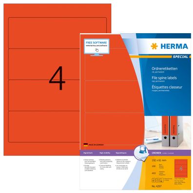 Herma Ordnerrückenschilder permanent 192 x 61 mm rot 100 Bl 400 Etik