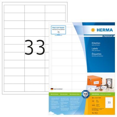 Herma Etiketten permanent 66 x 25,4 mm weiss Premium 200 Bl 600 Etik
