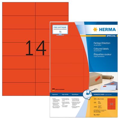 Farbige Etiketten A4, 105 x 42,3 mm, rot, permanent haftend