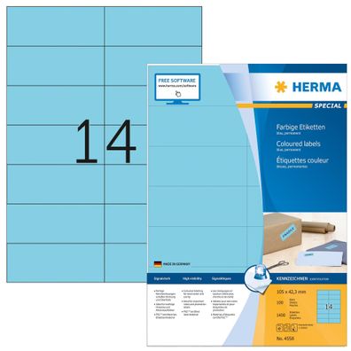 Farbige Etiketten A4, 105 x 42,3 mm, blau, permanent haftend