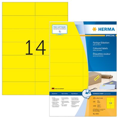 Farbige Etiketten A4, 105 x 42,3 mm, gelb, permanent haftend