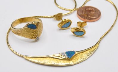 Set Ring Ohrringe Kette Anhänger Opal Diamant 585 Gold Handarbeit massiv