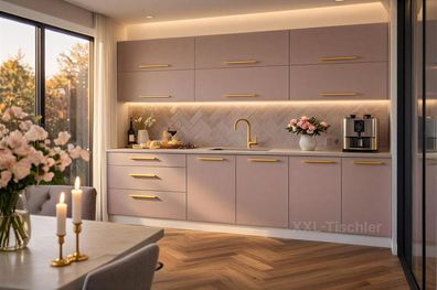 Küchenzeile Pure Line 240cm Puderrosa-SOFT CLOSE- Küche, 2,4m, Einbauküche