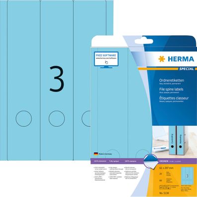 Herma Ordnerrückenschilder permanent 297 x 61 mm blau 20 Bl 60 Etik