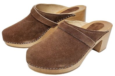 Moderne High Heels HOLZ CLOGS Holz Pantolette Gr.35 - 42 Wildleder * BRAUN*