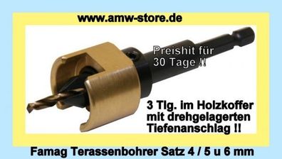 Famag Terrassenbohrer Satz 4-6mm 3 Tlg Holzkoffer Terasse Bohrer Senker Vorbohrer