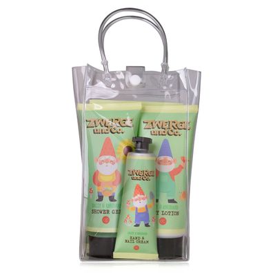 Transparente Tasche Zwerge und Co mit Duschgel, Bodylotion, Hand und Nagelcreme