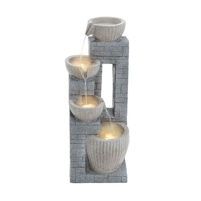 80 cm Steinbrunnen mit LED Gartenbrunnen für Terrasse Balkon Grau